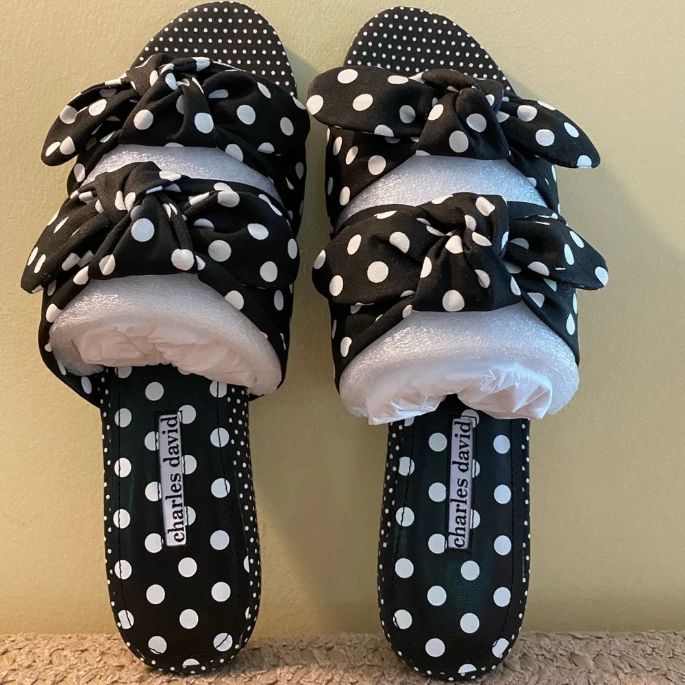 New, Charles David Collection Souffle Sandal, Black & White Polka Dot, Bow, SZ 9